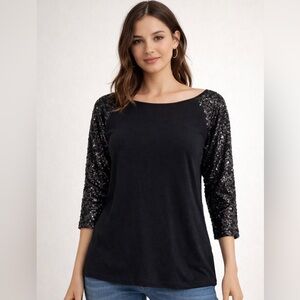 Fresh Black Top with Sequin Sleeves